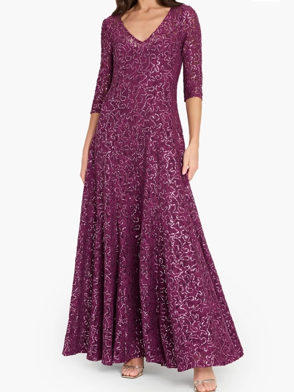 Tahari Plum Dress Sequin Lace Lace V‑Neck Long Sleeve Evening Gown Size 15